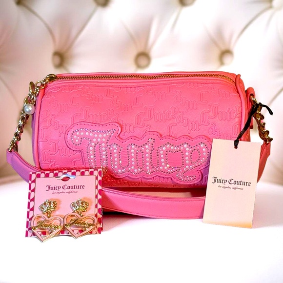 Juicy Couture NWT Pink Embossed Shoulder Bag & Juicy Crown Heart Earrings (P189) - Picture 1 of 12